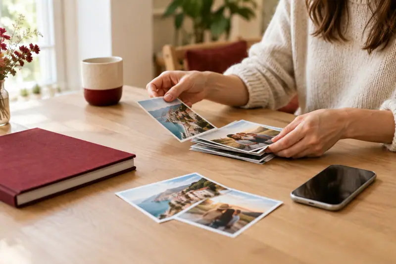 Tirages photo et album consultés sur un bureau lumineux
