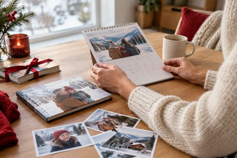 Un calendrier photo, un livre personnalisé, des tirages et un mug réunis sur une table pour préparer des cadeaux de Noël.
