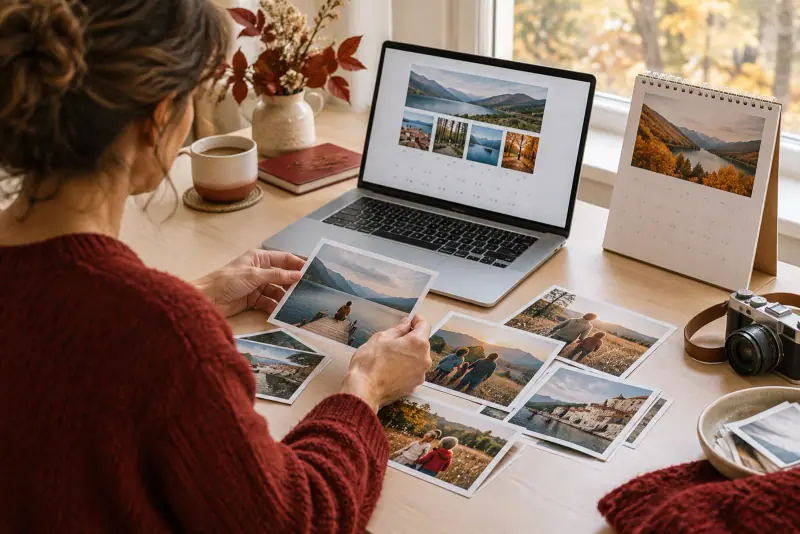 Préparation d'un calendrier photo personnalisé avec des images imprimées et un aperçu de mise en page sur ordinateur.