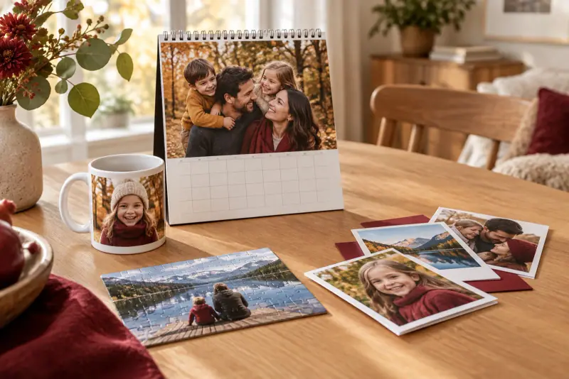 Calendrier photo, mug personnalisé, puzzle et cartes illustrés de souvenirs de famille sur une table lumineuse.
