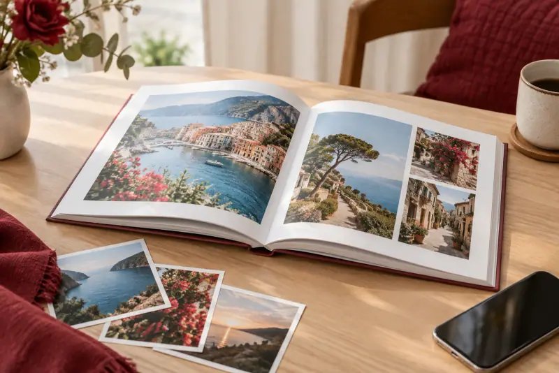 Livre photo ouvert sur une table claire, avec des images de voyage et un smartphone près de quelques tirages papier.