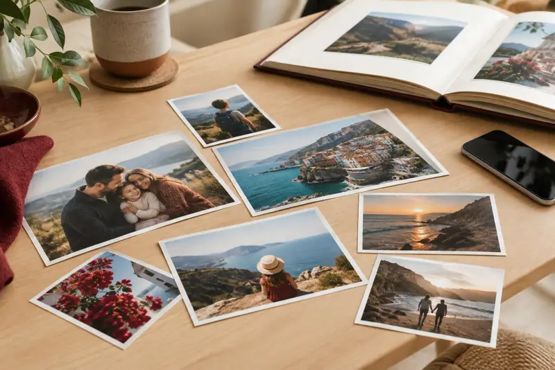 Tirages photo de plusieurs formats posés sur un bureau, avec un smartphone et un album pour comparer les impressions.
