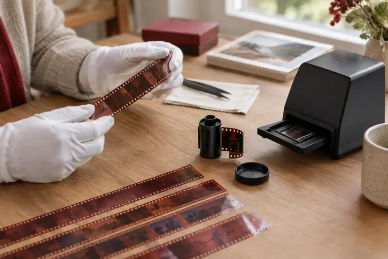 Négatifs couleur 35 mm manipulés près d'un scanner, sur une table éclairée par la lumière naturelle.