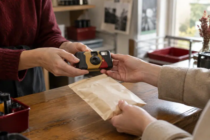 Un appareil photo jetable remis au comptoir d'un laboratoire pour le développement de sa pellicule et la numérisation des images.