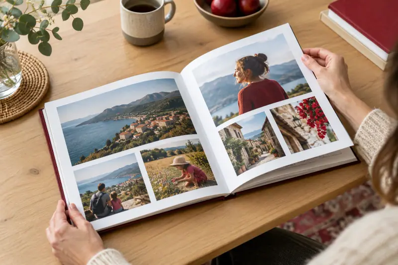Livre photo carré ouvert sur une table, avec des pages de paysages, de portraits et de photos de famille en mise en page aérée.