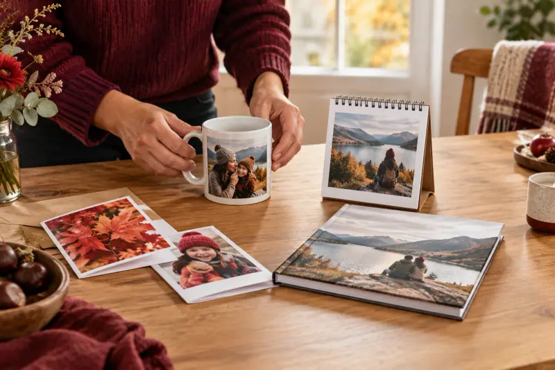 Mug, calendrier, cartes et petit livre photo personnalisés disposés sur une table éclairée par la lumière naturelle.