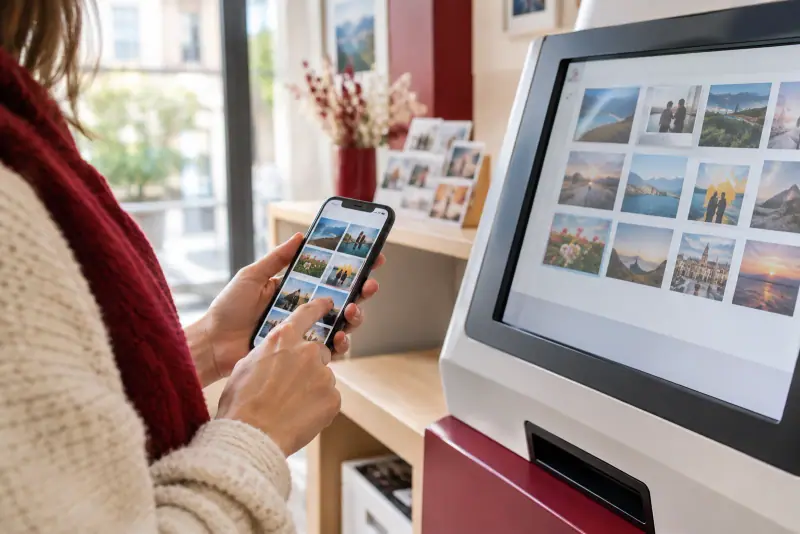 Une personne sélectionne des photos sur son smartphone devant une borne de tirage en libre-service, dans un magasin lumineux.