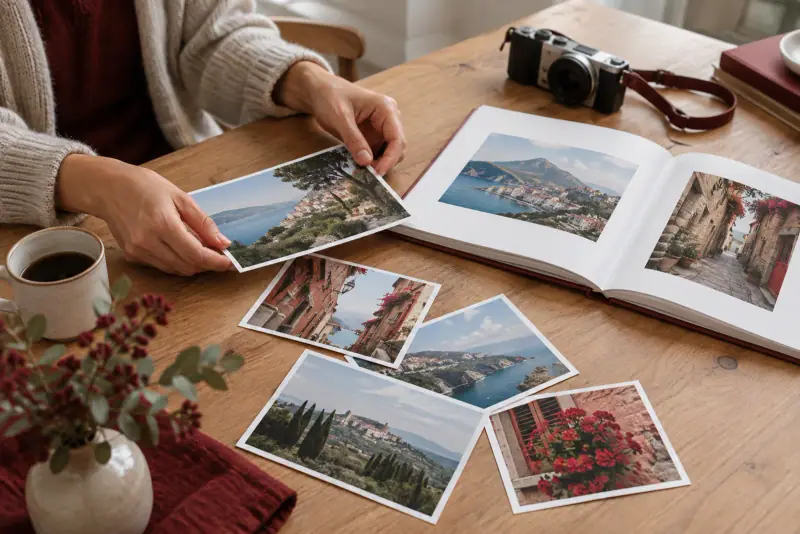 Mains préparant un petit livre photo ouvert parmi des tirages de voyage, sur une table éclairée par la lumière naturelle.