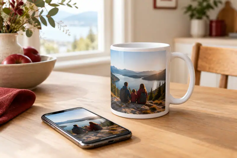 Mug blanc personnalisé avec une photo de paysage, posé sur une table près d'un téléphone dans une cuisine lumineuse.