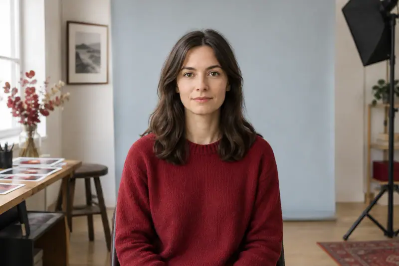 Personne assise face à l'objectif dans un studio, devant un fond uni clair et éclairé sans ombre marquée.