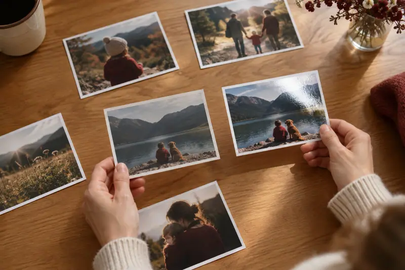 Une main compare des tirages photo mats et brillants posés sur une table près d'une fenêtre.