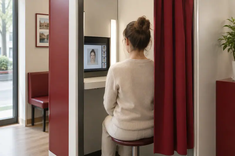 Une personne prépare sa photo dans une cabine d'identité, assise face à l'appareil et attentive au cadrage.