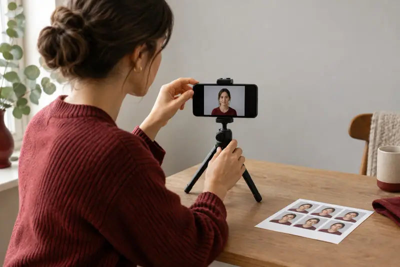 Smartphone sur trépied face à un fond gris clair, avec une planche de petits portraits imprimée posée sur une table.