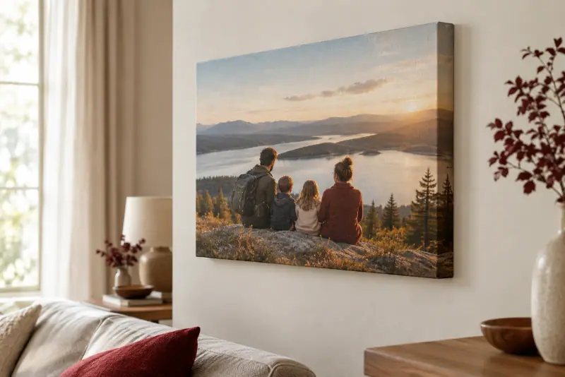 Photo de paysage imprimée sur une toile tendue sur châssis, accrochée au mur avec sa texture et ses bords visibles.