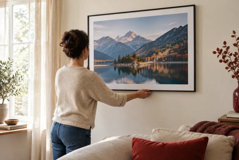 Poster photo grand format représentant un paysage, installé dans un cadre sobre sur un mur éclairé par la lumière naturelle.