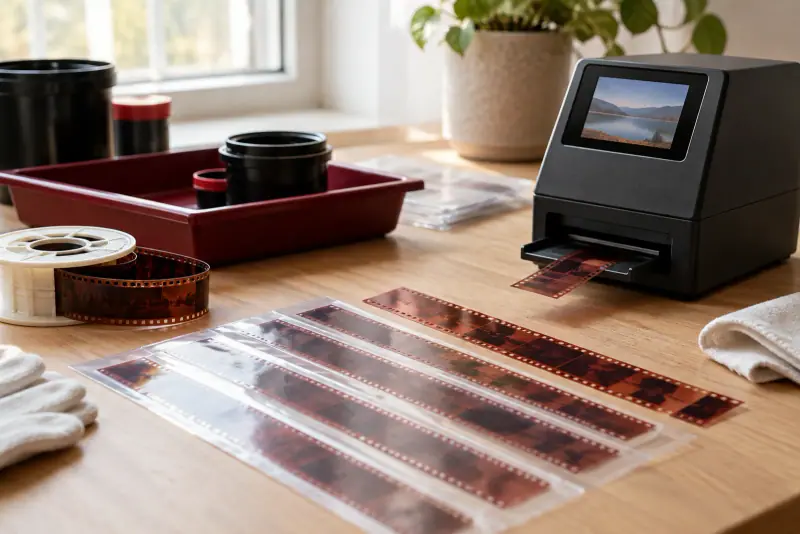 Négatifs d'une pellicule 35 mm près d'un scanner photo sur une table de laboratoire, éclairés par une lumière naturelle douce.