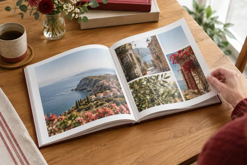 Livre photo ouvert sur une table, avec des images de voyage, pour illustrer les options de format, de papier et de finitions.