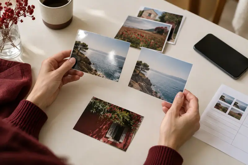 Une personne compare des tirages photo 10x15 posés sur une table, près d'un smartphone et d'un bon de commande.