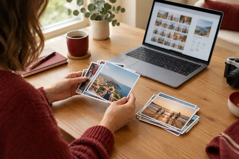 Une personne trie des tirages de vacances près d'un ordinateur avant de comparer le coût d'une commande photo.