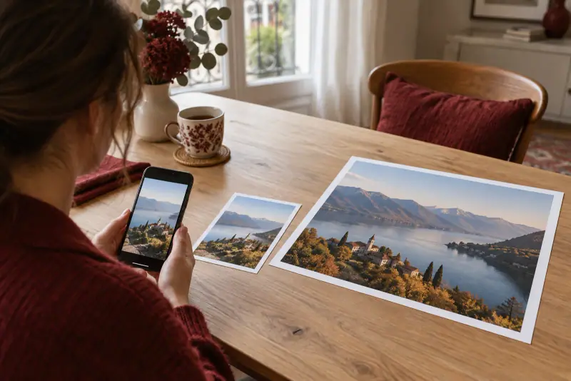 Un smartphone affichant une photo de paysage posé à côté de tirages papier de tailles différentes, près d'une fenêtre.