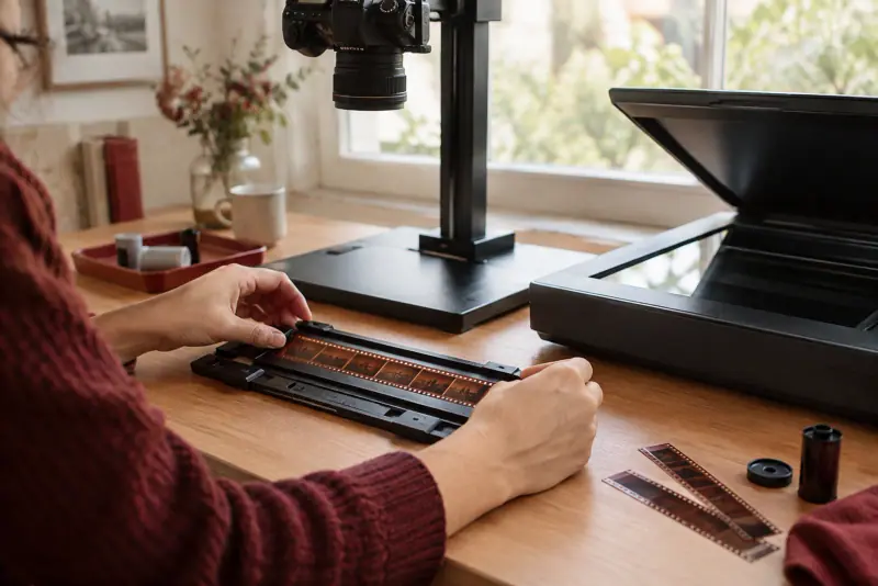 Une bande de négatifs 35 mm est positionnée près d'un scanner et d'un appareil photo pour la numérisation.
