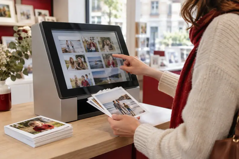 Une personne sélectionne des photos sur une borne en magasin, avec plusieurs tirages papier posés sur le comptoir.