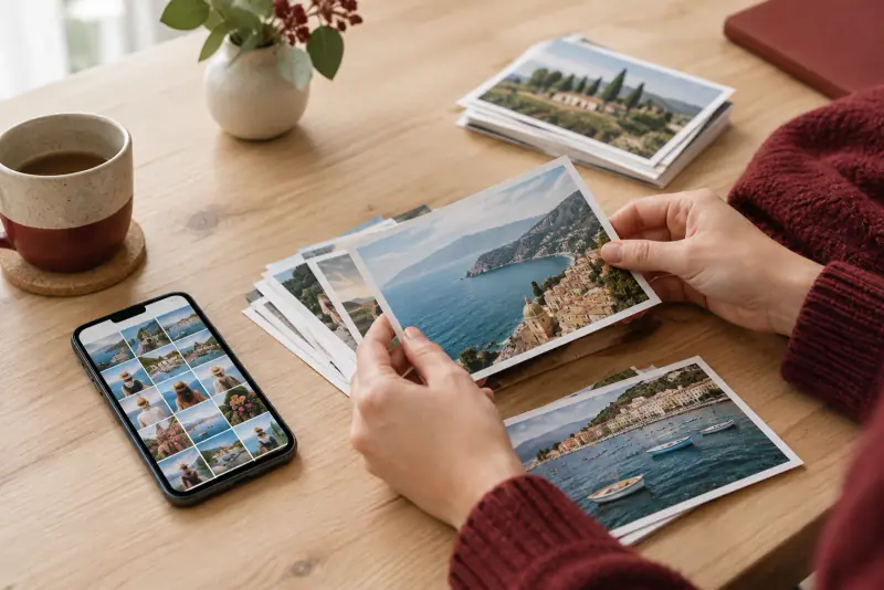 Une personne trie des tirages photo 10x15 près d'un smartphone affichant une galerie, sur une table éclairée par la lumière naturelle.